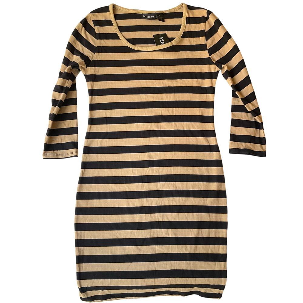 Introspect Women Dress size M Long Sleeve Stretchy Stripes Black & Beige NWT